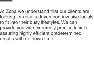 At Zeba we understand that our clients are looking for results driven non-invasive facials to fit into their busy lifestyles. We can provide you with extremely precise facials assuring highly efficient predetermined results with no down time.